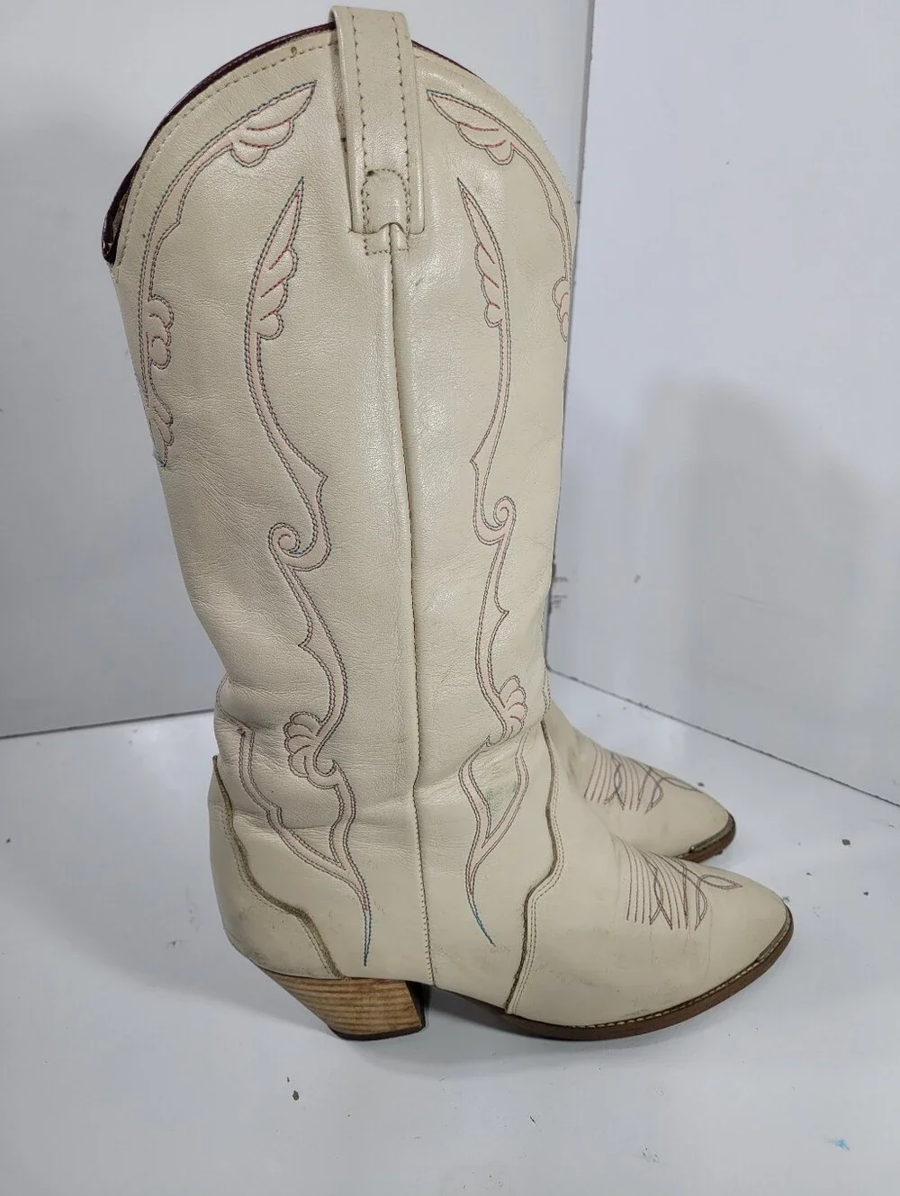 Vtg ACME Cream Leather Cowboy Boots Womens 7.5 M READ Disintegrating Lining